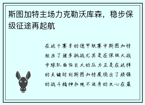 斯图加特主场力克勒沃库森，稳步保级征途再起航