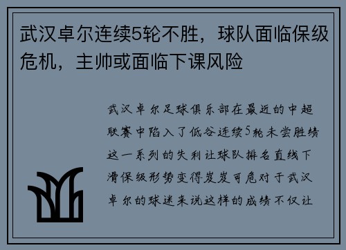 武汉卓尔连续5轮不胜，球队面临保级危机，主帅或面临下课风险
